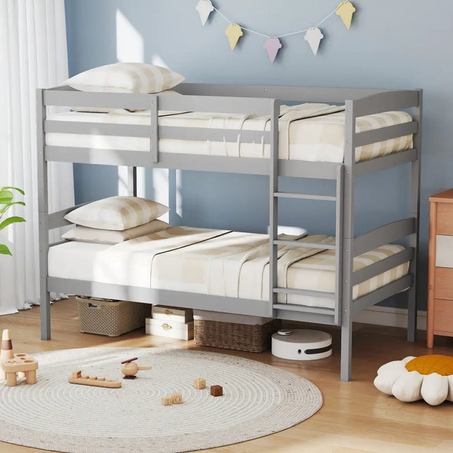 Solid Wood Twin Over Twin Bunk Bed Frame with High Guardrails and Integrated Ladder-Gray - Gray - Bunk Bed Frame