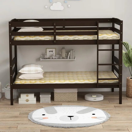 Solid Wood Twin Over Twin Bunk Bed Frame with High Guardrails and Integrated Ladder-Espresso - Espresso - Bunk Bed Frame
