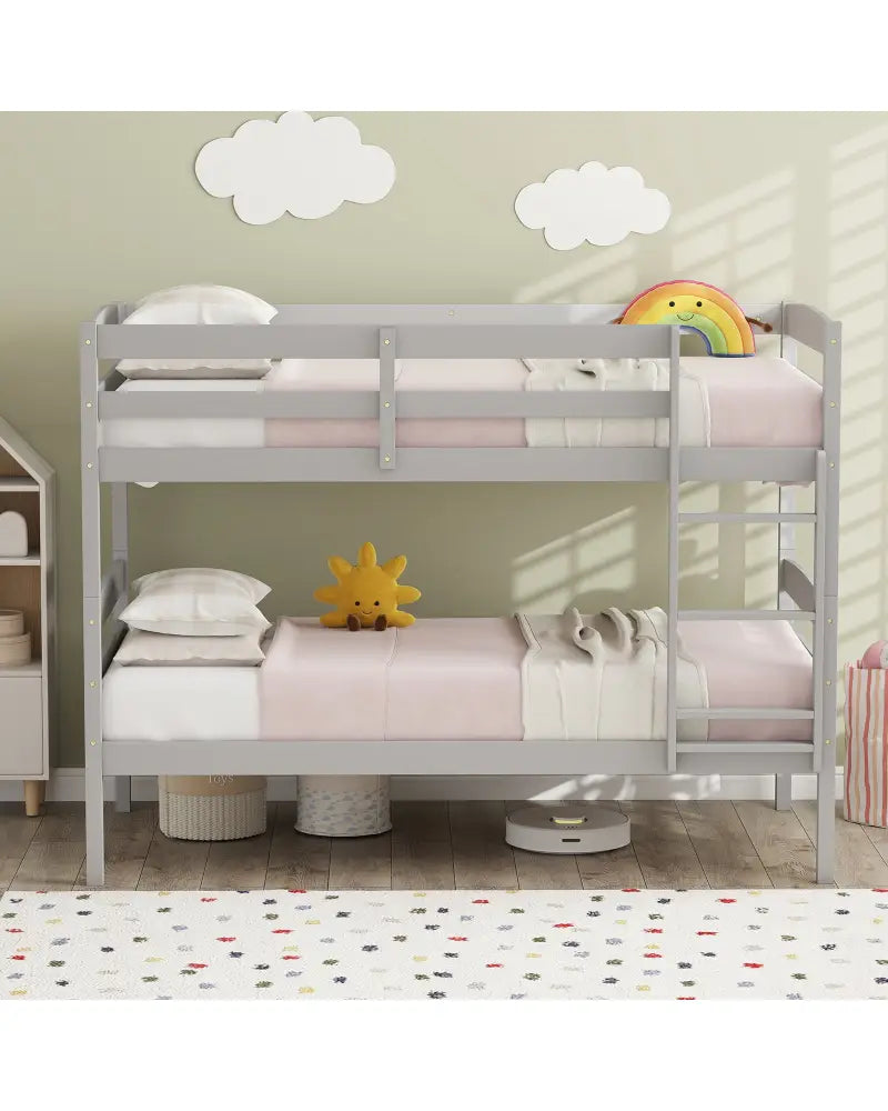 Solid Wood Twin Over Twin Bunk Bed Frame with High Guardrails and Integrated Ladder-Gray - Gray - Bunk Bed Frame