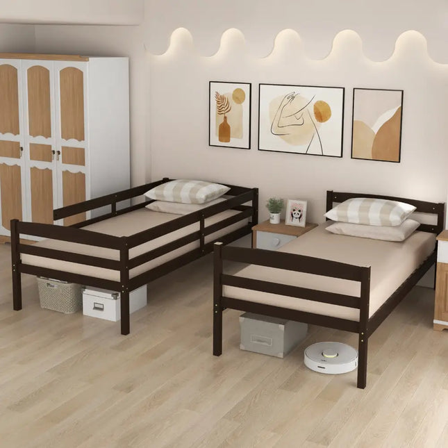 Solid Wood Twin Over Twin Bunk Bed Frame with High Guardrails and Integrated Ladder-Espresso - Espresso - Bunk Bed Frame