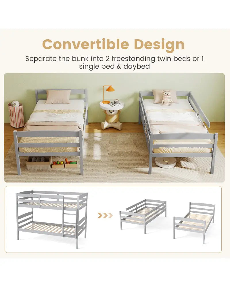 Solid Wood Twin Over Twin Bunk Bed Frame with High Guardrails and Integrated Ladder-Gray - Gray - Bunk Bed Frame