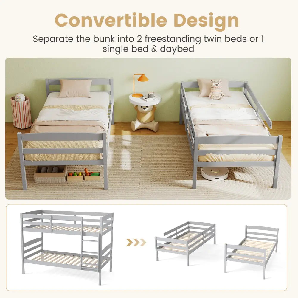 Solid Wood Twin Over Twin Bunk Bed Frame with High Guardrails and Integrated Ladder-Gray - Gray - Bunk Bed Frame