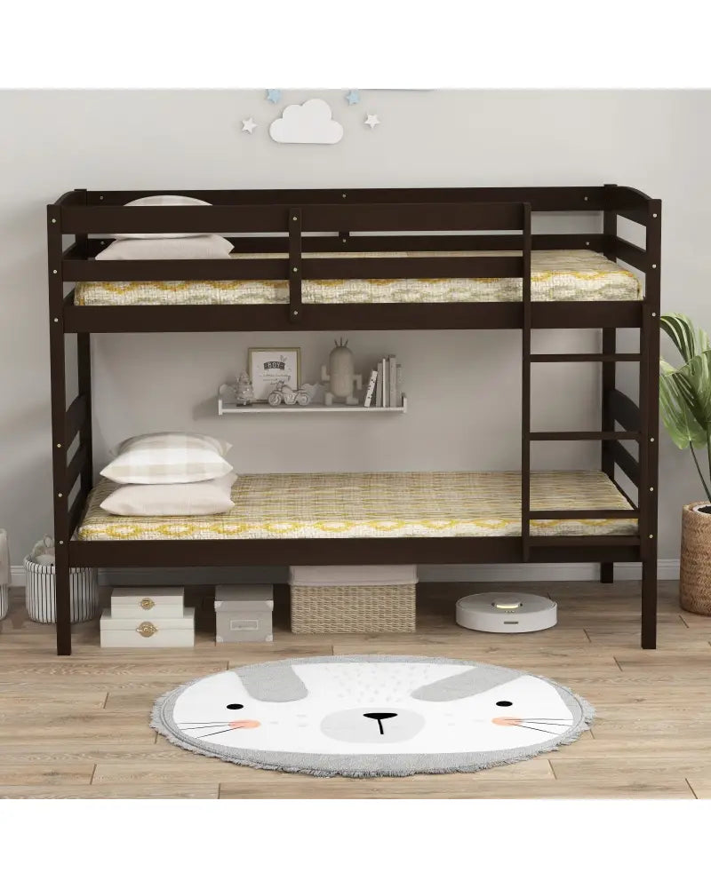 Solid Wood Twin Over Twin Bunk Bed Frame with High Guardrails and Integrated Ladder-Espresso - Espresso - Bunk Bed Frame