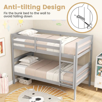 Solid Wood Twin Over Twin Bunk Bed Frame with High Guardrails and Integrated Ladder-Gray - Gray - Bunk Bed Frame
