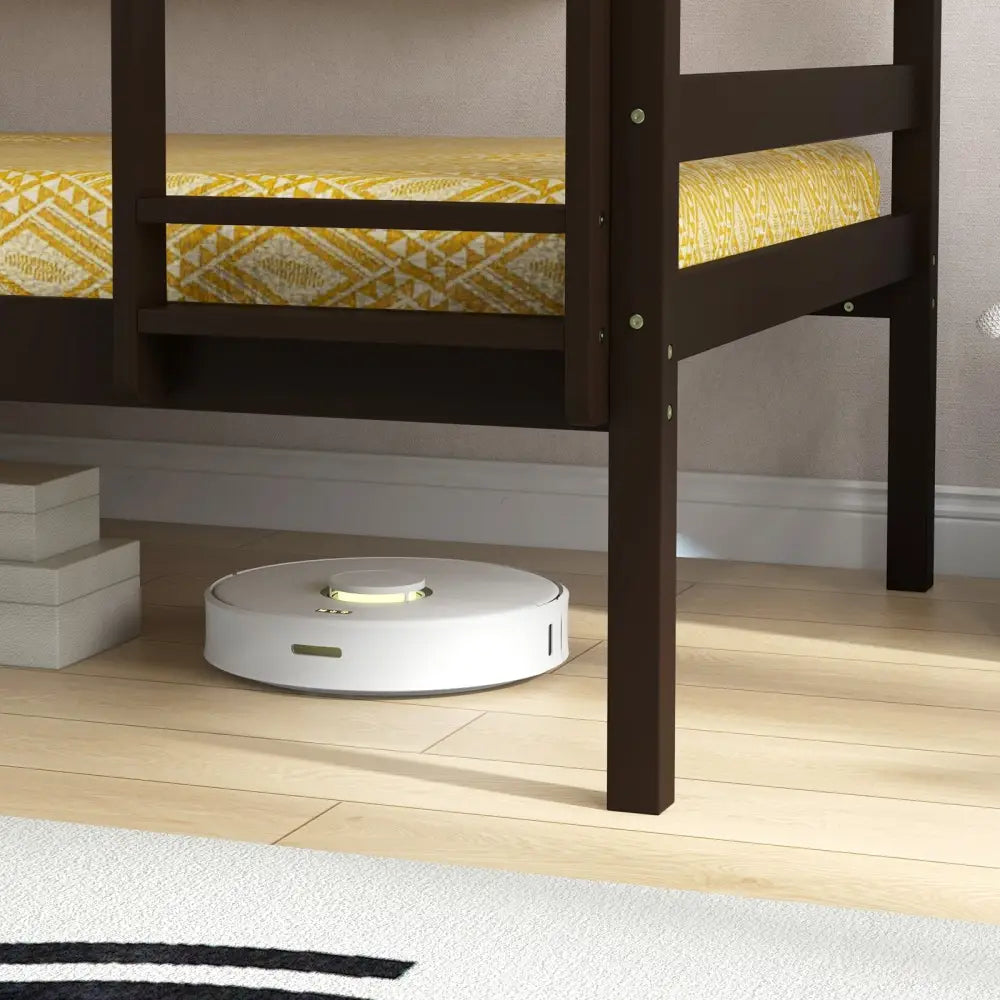 Solid Wood Twin Over Twin Bunk Bed Frame with High Guardrails and Integrated Ladder-Espresso - Espresso - Bunk Bed Frame