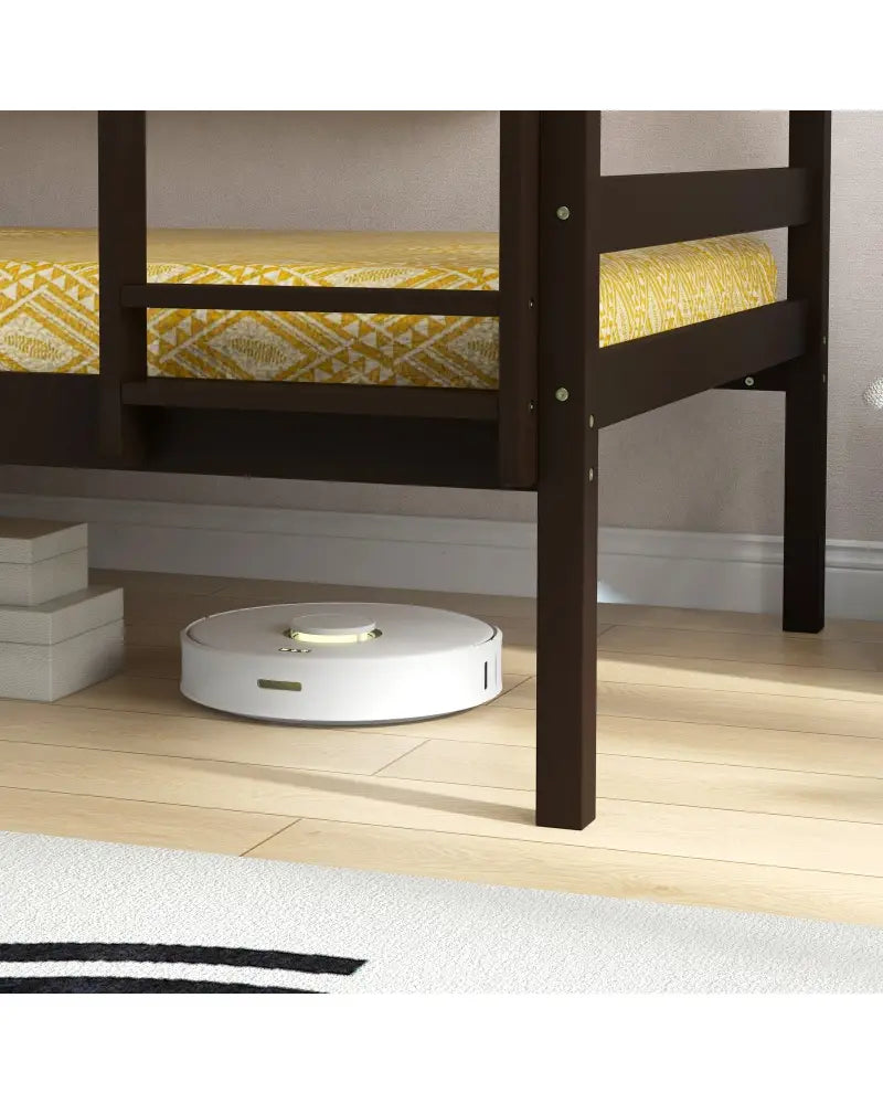 Solid Wood Twin Over Twin Bunk Bed Frame with High Guardrails and Integrated Ladder-Espresso - Espresso - Bunk Bed Frame