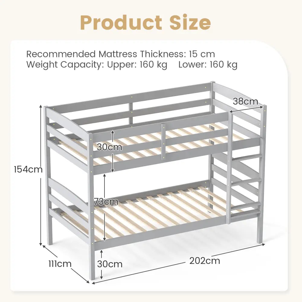 Solid Wood Twin Over Twin Bunk Bed Frame with High Guardrails and Integrated Ladder-Gray - Gray - Bunk Bed Frame