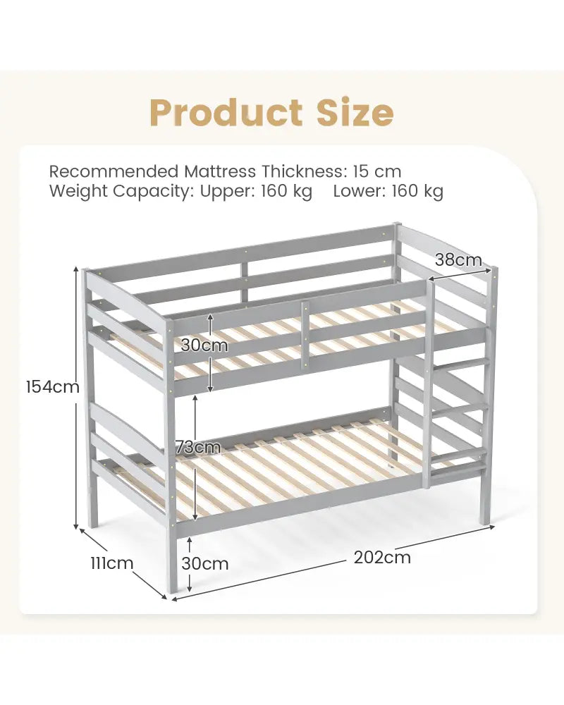 Solid Wood Twin Over Twin Bunk Bed Frame with High Guardrails and Integrated Ladder-Gray - Gray - Bunk Bed Frame