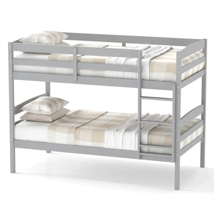 Solid Wood Twin Over Twin Bunk Bed Frame with High Guardrails and Integrated Ladder-Gray - Gray - Bunk Bed Frame
