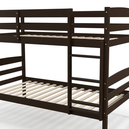 Solid Wood Twin Over Twin Bunk Bed Frame with High Guardrails and Integrated Ladder-Espresso - Espresso - Bunk Bed Frame
