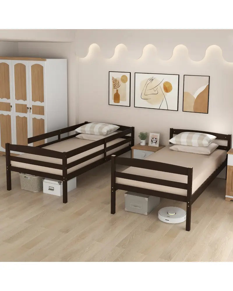 Solid Wood Twin Over Twin Bunk Bed Frame with High Guardrails and Integrated Ladder-Espresso - Espresso - Bunk Bed Frame