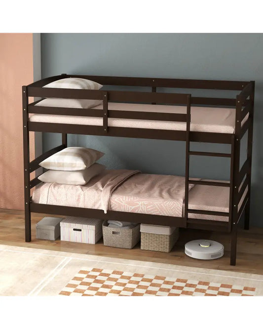 Solid Wood Twin Over Twin Bunk Bed Frame with High Guardrails and Integrated Ladder-Espresso - Espresso - Bunk Bed Frame