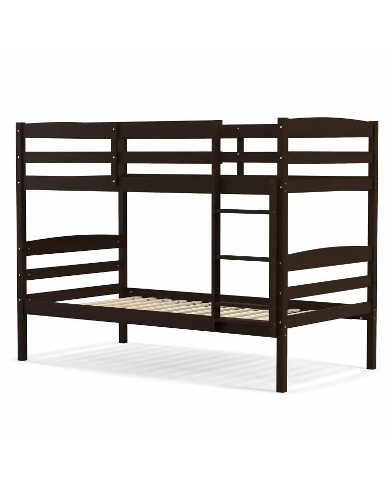 Solid Wood Twin Over Twin Bunk Bed Frame with High Guardrails and Integrated Ladder-Espresso - Espresso - Bunk Bed Frame