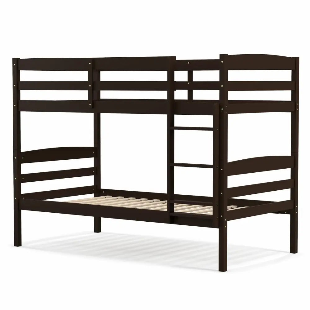 Solid Wood Twin Over Twin Bunk Bed Frame with High Guardrails and Integrated Ladder-Espresso - Espresso - Bunk Bed Frame