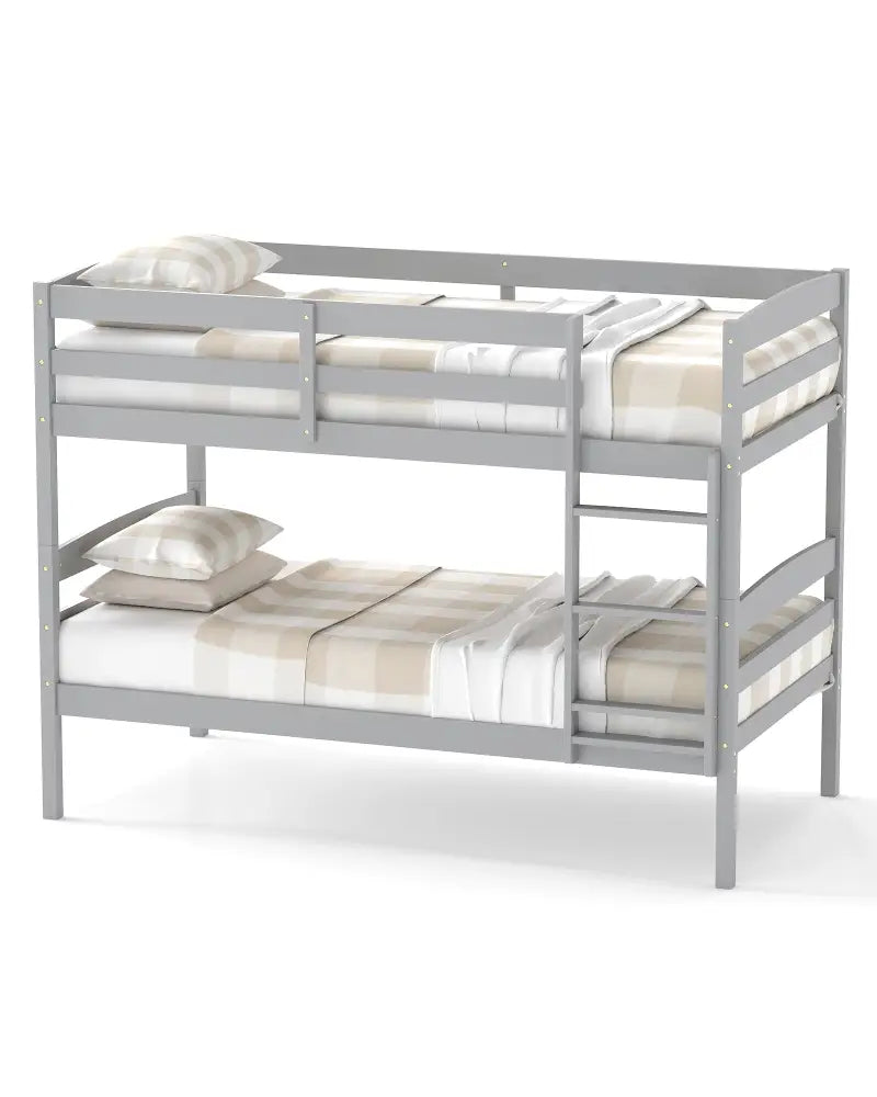 Solid Wood Twin Over Twin Bunk Bed Frame with High Guardrails and Integrated Ladder-Gray - Gray - Bunk Bed Frame