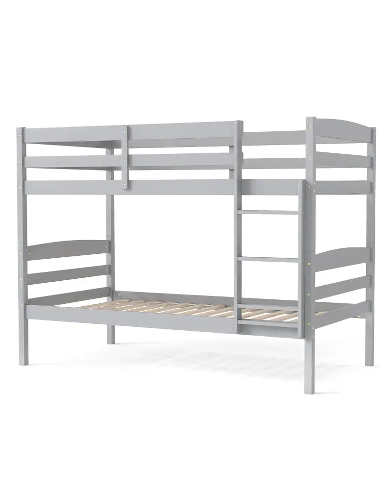 Solid Wood Twin Over Twin Bunk Bed Frame with High Guardrails and Integrated Ladder-Gray - Gray - Bunk Bed Frame