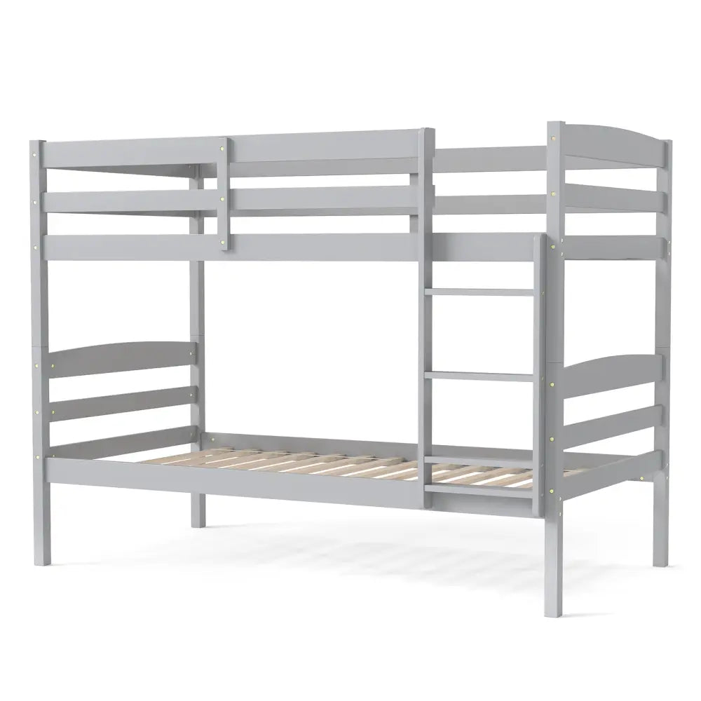 Solid Wood Twin Over Twin Bunk Bed Frame with High Guardrails and Integrated Ladder-Gray - Gray - Bunk Bed Frame