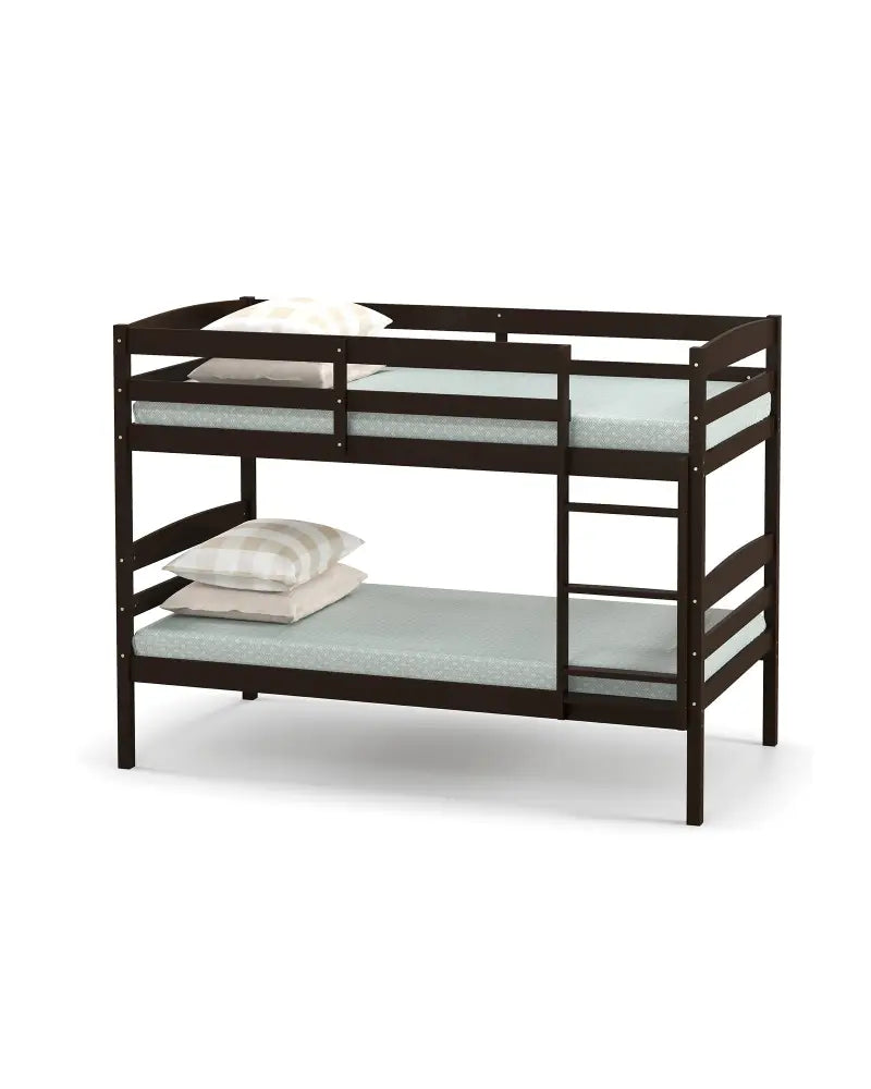 Solid Wood Twin Over Twin Bunk Bed Frame with High Guardrails and Integrated Ladder-Espresso - Espresso - Bunk Bed Frame