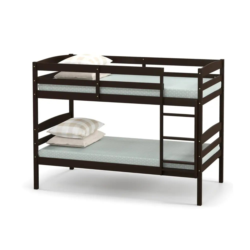 Solid Wood Twin Over Twin Bunk Bed Frame with High Guardrails and Integrated Ladder-Espresso - Espresso - Bunk Bed Frame