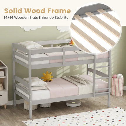 Solid Wood Twin Over Twin Bunk Bed Frame with High Guardrails and Integrated Ladder-Gray - Gray - Bunk Bed Frame