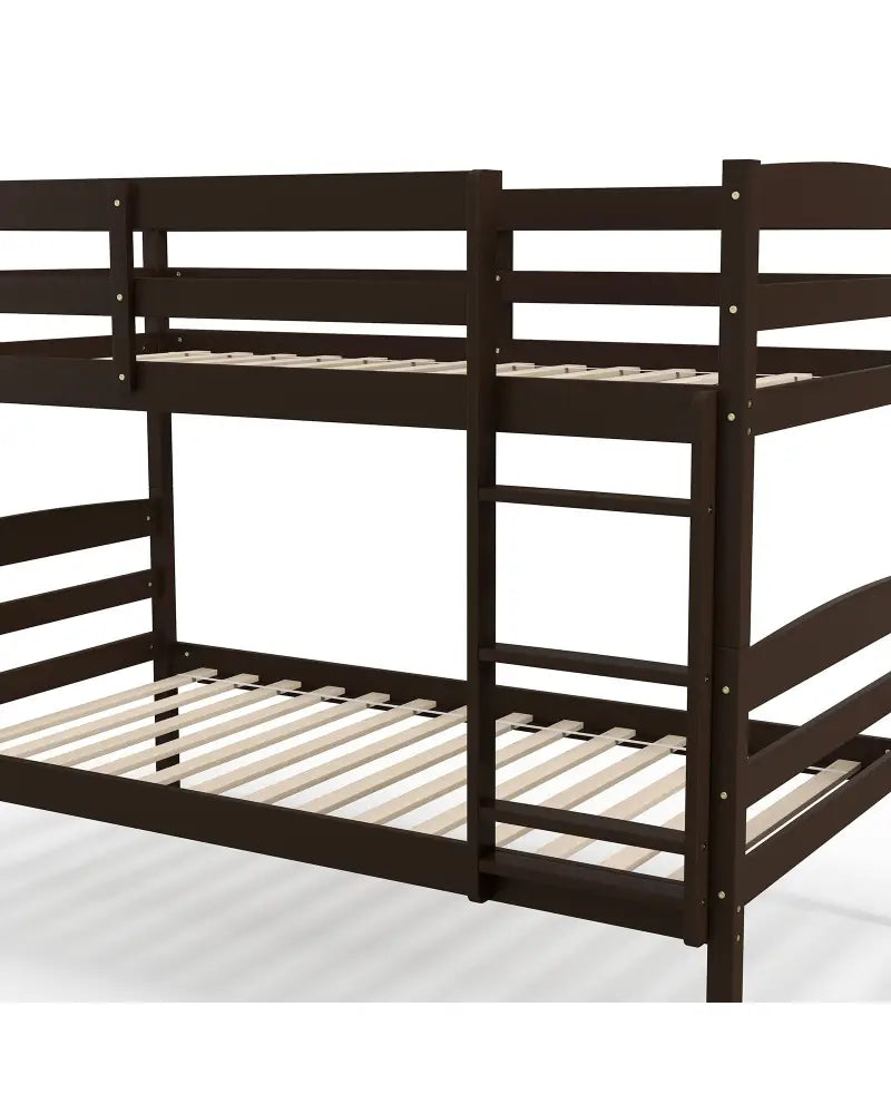 Solid Wood Twin Over Twin Bunk Bed Frame with High Guardrails and Integrated Ladder-Espresso - Espresso - Bunk Bed Frame