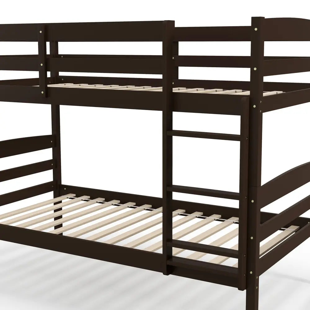 Solid Wood Twin Over Twin Bunk Bed Frame with High Guardrails and Integrated Ladder-Espresso - Espresso - Bunk Bed Frame