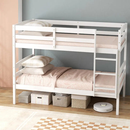 Solid Wood Twin Over Twin Bunk Bed Frame with High Guardrails and Integrated Ladder-White - White - Bunk Bed Frame