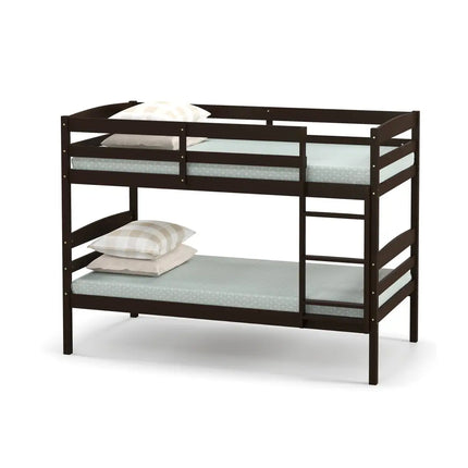 Solid Wood Twin Over Twin Bunk Bed Frame with High Guardrails and Integrated Ladder-Espresso - Espresso - Bunk Bed Frame
