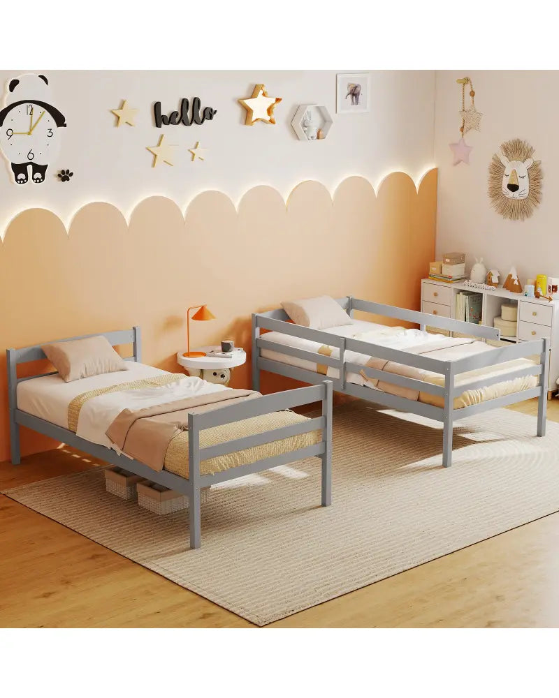Solid Wood Twin Over Twin Bunk Bed Frame with High Guardrails and Integrated Ladder-Gray - Gray - Bunk Bed Frame