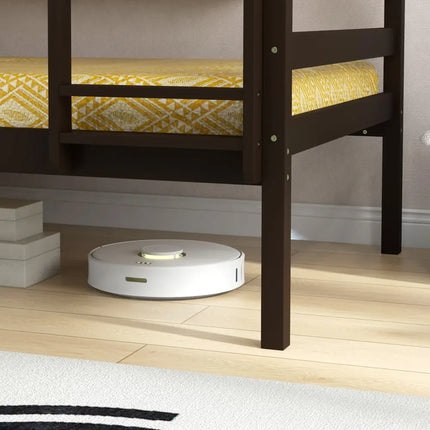 Solid Wood Twin Over Twin Bunk Bed Frame with High Guardrails and Integrated Ladder-Espresso - Espresso - Bunk Bed Frame