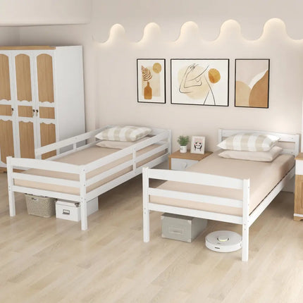Solid Wood Twin Over Twin Bunk Bed Frame with High Guardrails and Integrated Ladder-White - White - Bunk Bed Frame