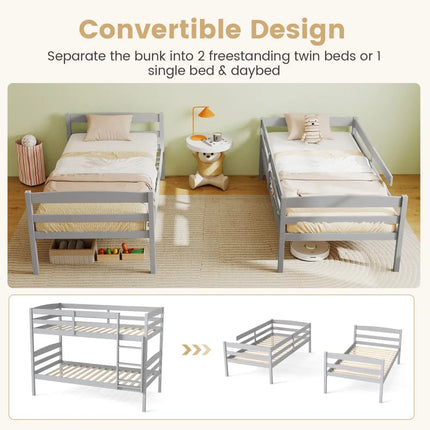 Solid Wood Twin Over Twin Bunk Bed Frame with High Guardrails and Integrated Ladder-Gray - Gray - Bunk Bed Frame