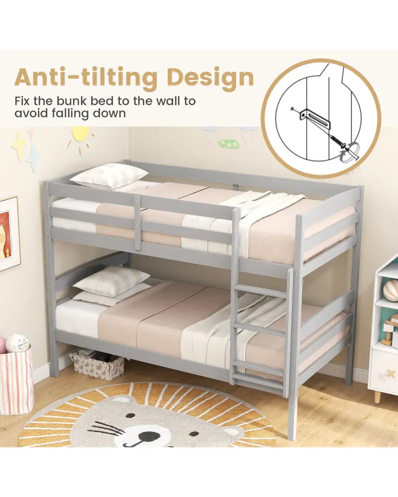 Solid Wood Twin Over Twin Bunk Bed Frame with High Guardrails and Integrated Ladder-Gray - Gray - Bunk Bed Frame