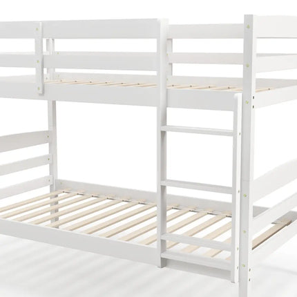Solid Wood Twin Over Twin Bunk Bed Frame with High Guardrails and Integrated Ladder-White - White - Bunk Bed Frame