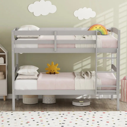 Solid Wood Twin Over Twin Bunk Bed Frame with High Guardrails and Integrated Ladder-Gray - Gray - Bunk Bed Frame