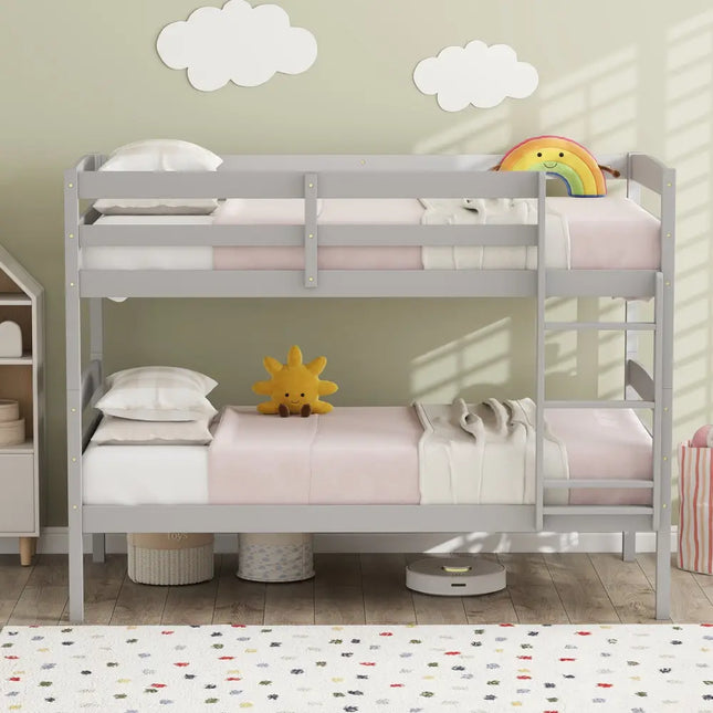 Solid Wood Twin Over Twin Bunk Bed Frame with High Guardrails and Integrated Ladder-Gray - Gray - Bunk Bed Frame