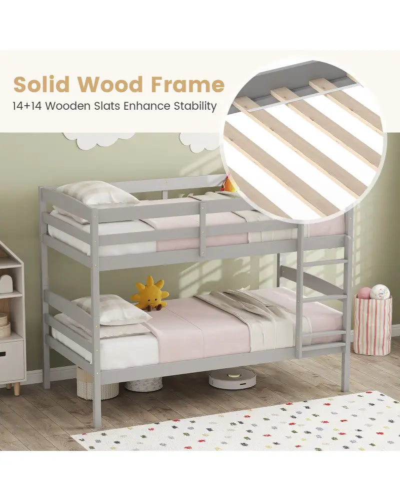 Solid Wood Twin Over Twin Bunk Bed Frame with High Guardrails and Integrated Ladder-Gray - Gray - Bunk Bed Frame