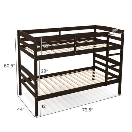 Solid Wood Twin Over Twin Bunk Bed Frame with High Guardrails and Integrated Ladder-Espresso - Espresso - Bunk Bed Frame