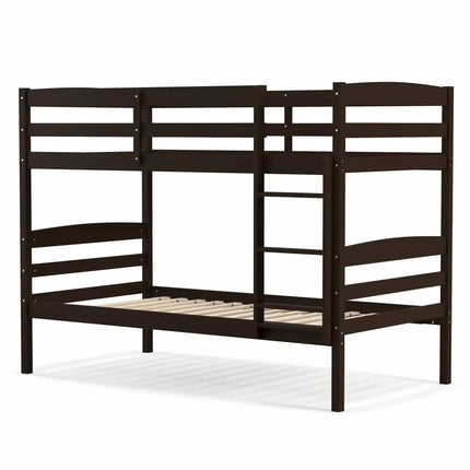 Solid Wood Twin Over Twin Bunk Bed Frame with High Guardrails and Integrated Ladder-Espresso - Espresso - Bunk Bed Frame