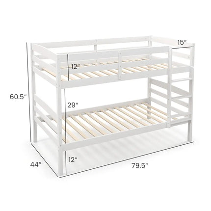 Solid Wood Twin Over Twin Bunk Bed Frame with High Guardrails and Integrated Ladder-White - White - Bunk Bed Frame