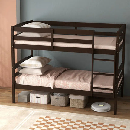 Solid Wood Twin Over Twin Bunk Bed Frame with High Guardrails and Integrated Ladder-Espresso - Espresso - Bunk Bed Frame