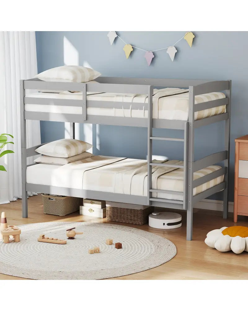 Solid Wood Twin Over Twin Bunk Bed Frame with High Guardrails and Integrated Ladder-Gray - Gray - Bunk Bed Frame