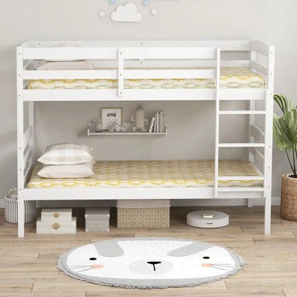Solid Wood Twin Over Twin Bunk Bed Frame with High Guardrails and Integrated Ladder-White - White - Bunk Bed Frame