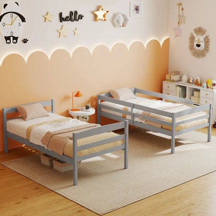 Solid Wood Twin Over Twin Bunk Bed Frame with High Guardrails and Integrated Ladder-Gray - Gray - Bunk Bed Frame