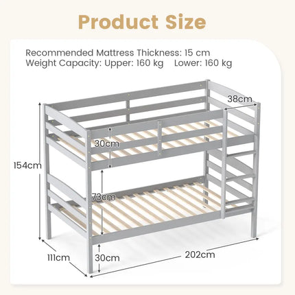 Solid Wood Twin Over Twin Bunk Bed Frame with High Guardrails and Integrated Ladder-Gray - Gray - Bunk Bed Frame