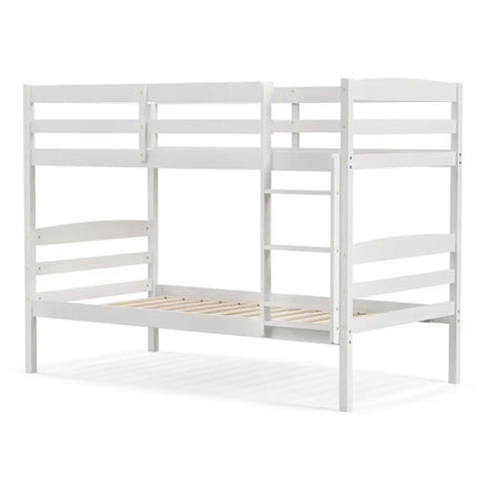 Solid Wood Twin Over Twin Bunk Bed Frame with High Guardrails and Integrated Ladder-White - White - Bunk Bed Frame