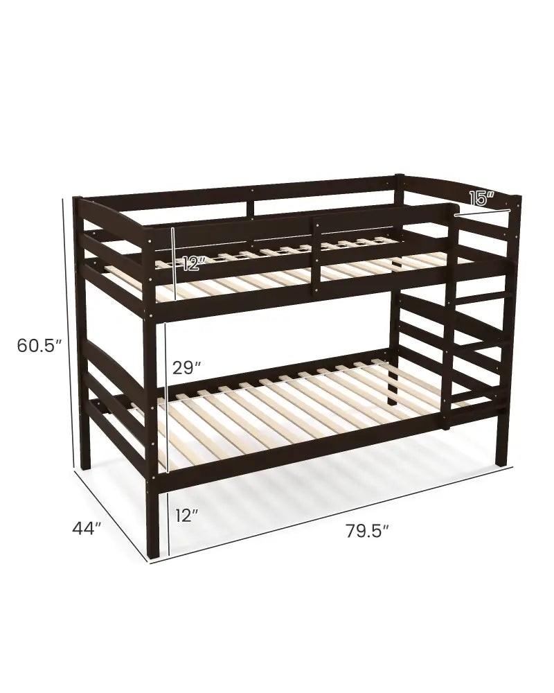 Solid Wood Twin Over Twin Bunk Bed Frame with High Guardrails and Integrated Ladder-Espresso - Espresso - Bunk Bed Frame