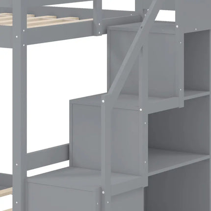 Solid Wood Twin Over Full Low Bunk Bed with Storage Stairs-Grey - Gray - Bunk Bed Frame