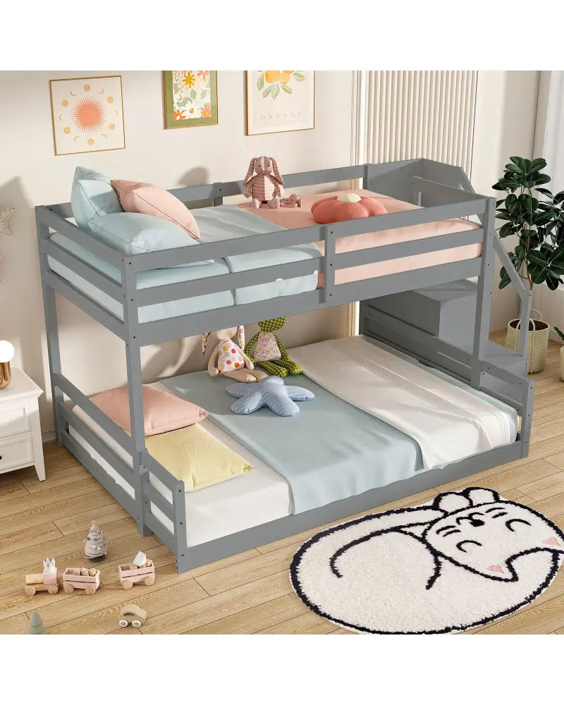 Solid Wood Twin Over Full Low Bunk Bed with Storage Stairs-Grey - Gray - Bunk Bed Frame