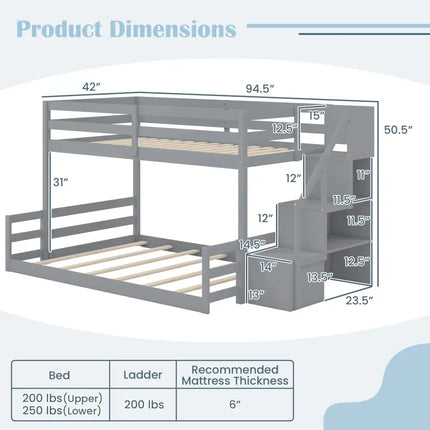 Solid Wood Twin Over Full Low Bunk Bed with Storage Stairs-Grey - Gray - Bunk Bed Frame